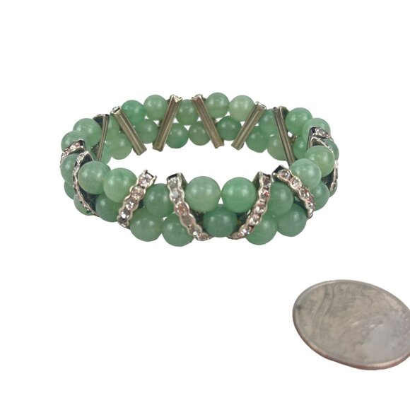 Green Jade Beaded Bracelet With Rhinestone Accents Stretch Fit - Picture 6 of 7